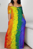 Colorful Blue Casual The stars Ombre Rainbow Contrast Off Shoulder Printed Dresses