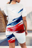 Red Blue Casual Daily Gradient Print Contrast O Neck Short Sleeve Two Pieces