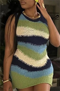 Green Casual Patchwork Contrast O Neck Sleeveless Dresses