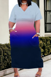 Cyan Casual Gradient Color Pocket Patchwork V Neck Straight Plus Size Dresses