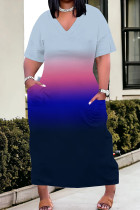 Gray Pink Casual Gradient Color Pocket Patchwork V Neck Straight Plus Size Dresses