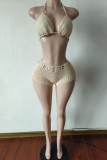 Cream White Sexy Solid Color Hollow Out Lace Up Backless Swimwears