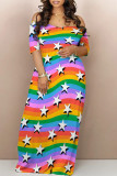 Colorful Blue Casual The stars Ombre Rainbow Contrast Off Shoulder Printed Dresses