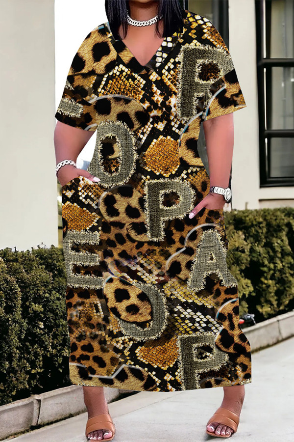Leopard Print Casual Daily Leopard Print Plants Print Pocket Contrast V Neck Printed Plus Size Dresses