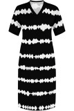 Black Casual Daily Striped Print Pocket Contrast V Neck Printed Plus Size Dresses