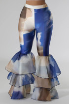 Khaki Street Print Patchwork Ruffle Hem Boot Cut Mid Waist Speaker Full Print Bottoms