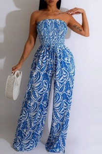 Blue Sexy Casual Print Strapless Bodycon Jumpsuits