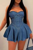 Light Blue Sexy Hot Solid Color Backless Strapless Sleeveless Bodycon Denim Dresses