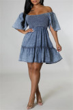 Blue Casual Solid Color Backless Off Shoulder Short Sleeve Regular Denim Dresses