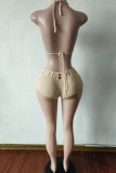 Cream White Sexy Solid Color Hollow Out Lace Up Backless Swimwears