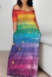 Colorful Blue Casual The stars Ombre Rainbow Contrast Off Shoulder Printed Dresses