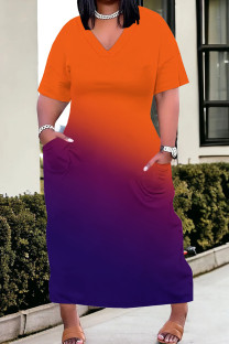 Orange Purple Casual Gradient Color Pocket Patchwork V Neck Straight Plus Size Dresses