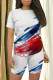 White Casual Daily Gradient Print Contrast O Neck Short Sleeve Two Pieces
