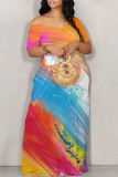 Colorful Blue Casual The stars Ombre Rainbow Contrast Off Shoulder Printed Dresses