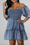 Blue Casual Solid Color Backless Off Shoulder Short Sleeve Regular Denim Dresses