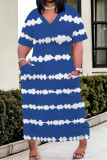Black Casual Daily Striped Print Pocket Contrast V Neck Printed Plus Size Dresses