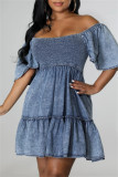 Blue Casual Solid Color Backless Off Shoulder Short Sleeve Regular Denim Dresses