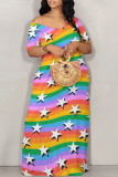 Colorful Blue Casual The stars Ombre Rainbow Contrast Off Shoulder Printed Dresses