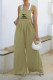 Olive Green Casual Letter Print Ruched Square Neck Loose Jumpsuits