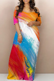 Colorful Blue Casual The stars Ombre Rainbow Contrast Off Shoulder Printed Dresses