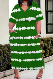 Black Casual Daily Striped Print Pocket Contrast V Neck Printed Plus Size Dresses