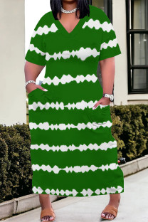 Green Casual Daily Striped Print Pocket Contrast V Neck Printed Plus Size Dresses