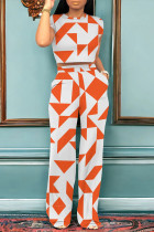 Orange Casual Daily Geometric Print Graffiti Print Pocket Contrast O Neck Short Sleeve Two Pieces