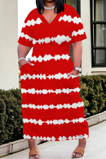 Red Casual Daily Striped Print Pocket Contrast V Neck Printed Plus Size Dresses