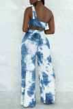 Blue Sexy Casual Tie Dye Print Backless Oblique Collar Sleeveless Two Pieces