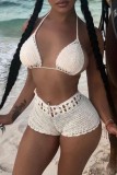 White Sexy Solid Color Hollow Out Lace Up Backless Swimwears