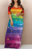 Colorful Blue Casual The stars Ombre Rainbow Contrast Off Shoulder Printed Dresses