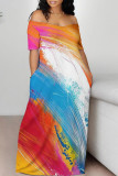 Colorful Blue Casual The stars Ombre Rainbow Contrast Off Shoulder Printed Dresses