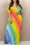 Colorful Blue Casual The stars Ombre Rainbow Contrast Off Shoulder Printed Dresses