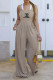 Khaki Casual Letter Print Ruched Square Neck Loose Jumpsuits