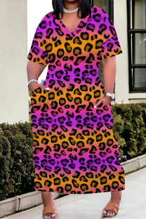 Colour Casual Daily Leopard Print Plants Print Pocket Contrast V Neck Printed Plus Size Dresses