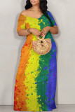 Colorful Blue Casual The stars Ombre Rainbow Contrast Off Shoulder Printed Dresses