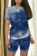 Dark Blue Casual Daily Gradient Print Contrast O Neck Short Sleeve Two Pieces