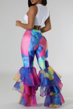 Blue White Street Print Patchwork Ruffle Hem Boot Cut Mid Waist Speaker Full Print Bottoms