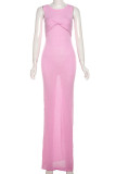 Pink Celebrities Solid Color Patchwork O Neck Long Dresses