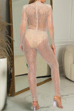 Black Sexy See-Through Hot Drill Zipper Patchwork O Neck Skinny Jumpsuits