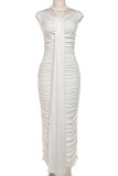 White Celebrities Solid Color Ruched Patchwork Off Shoulder Long Dresses