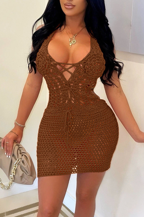 Brown Sexy Solid Color Hollow Out Lace Up Backless Halter Beach Dresses