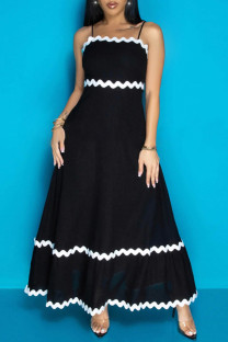 Black Casual Ripple Patchwork Backless Contrast Spaghetti Strap Long Dresses