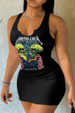 Black Sexy Print Patchwork V Neck Wrapped Skirt Dresses