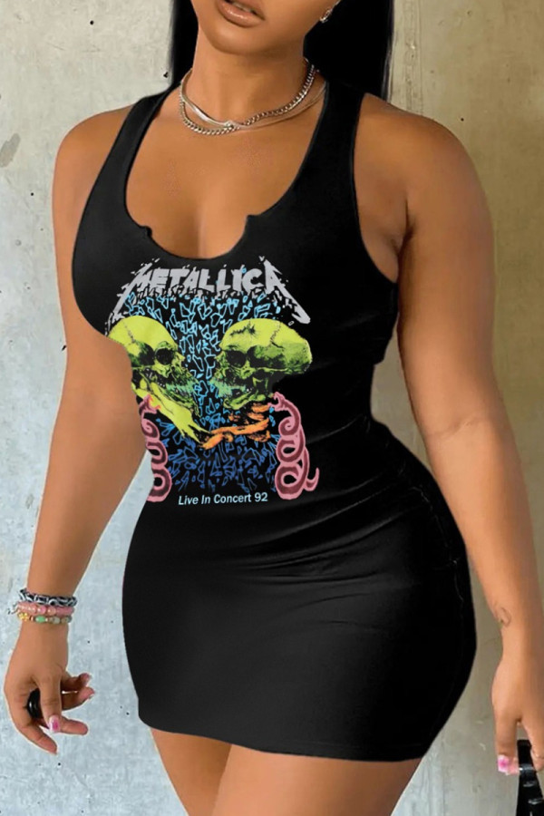 Black Sexy Print Patchwork V Neck Wrapped Skirt Dresses