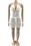 Orange Sexy Solid Color Hollow Out Lace Up Backless Halter Beach Dresses