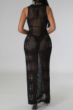 White Street Solid Color Ripped See-Through Patchwork O Neck Long Dresses