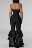 Black Sexy Casual Solid Color Backless Patchwork Strapless Skinny Jumpsuits