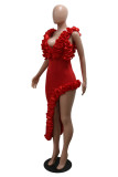 Red Sexy Solid Color Backless Irregular Deep V Neck Evening Dresses (Subject To The Actual Object)