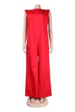 Red Casual Solid Color Basic O Neck Loose Jumpsuits